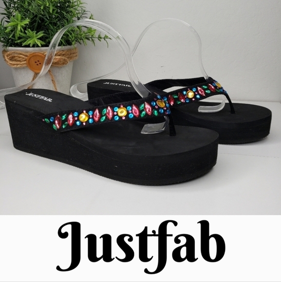 Justfab Leyna Black With Beaded Embellished Wedge Sandels sz 9M Casual Comfort - Picture 1 of 11